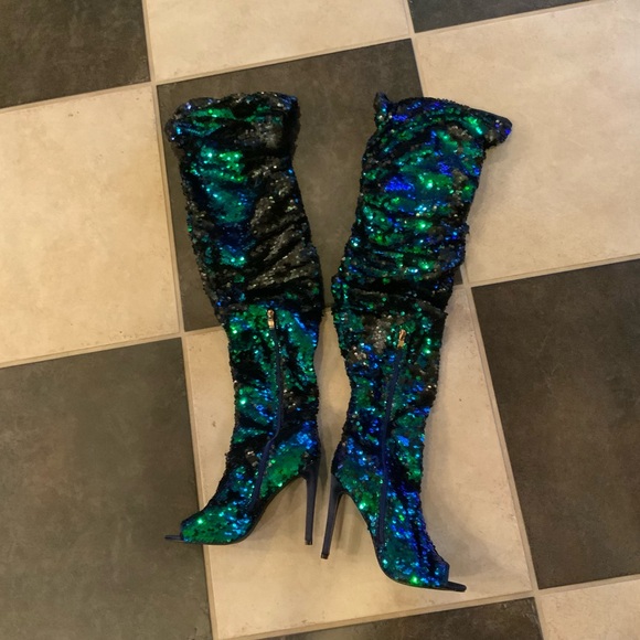 Women's Peep Toe, Thigh High Slouch, Zipper, Sequin Over The Knee Boots US9 EU40 - Picture 2 of 12